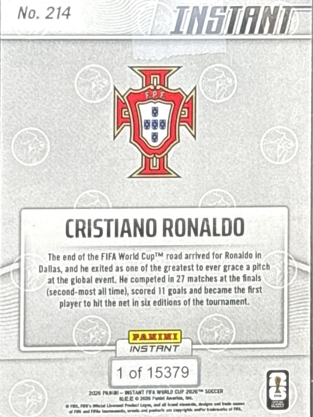 Panini Instant Cristiano Ronaldo World Cup Soccer Trading Card LE 1/15379